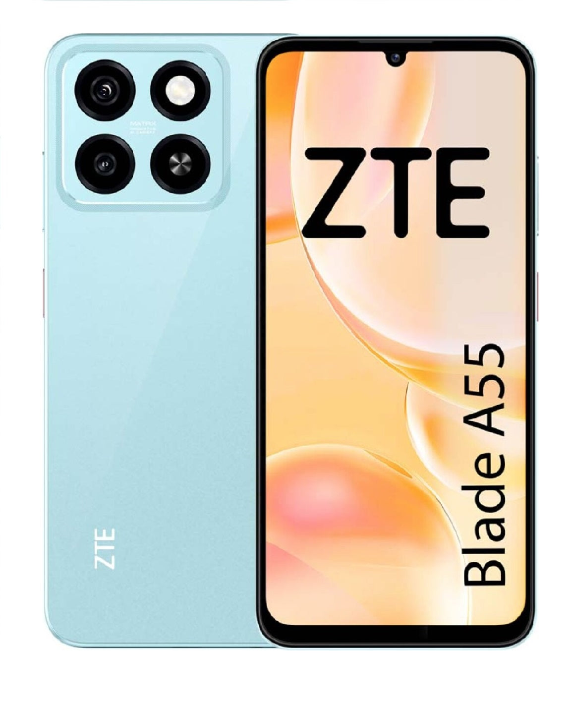 ZTE Blade A55 smartphone in blue color with a display on, showing the brand logo and the name of the model.